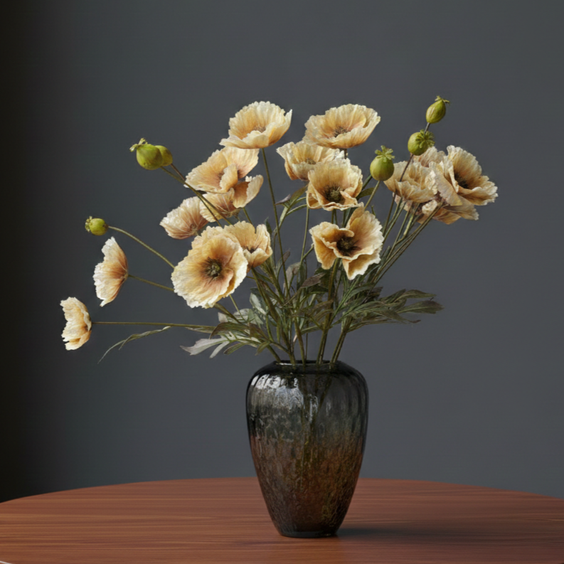 Artificial Yellow Poppy Flower Stems arranged in a black decorative vase for elegant home décor by Inara Home Decor.
