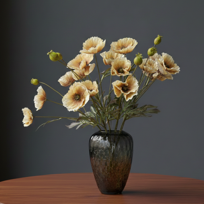 Artificial Yellow Poppy Flower Stems arranged in a black decorative vase for elegant home décor by Inara Home Decor.