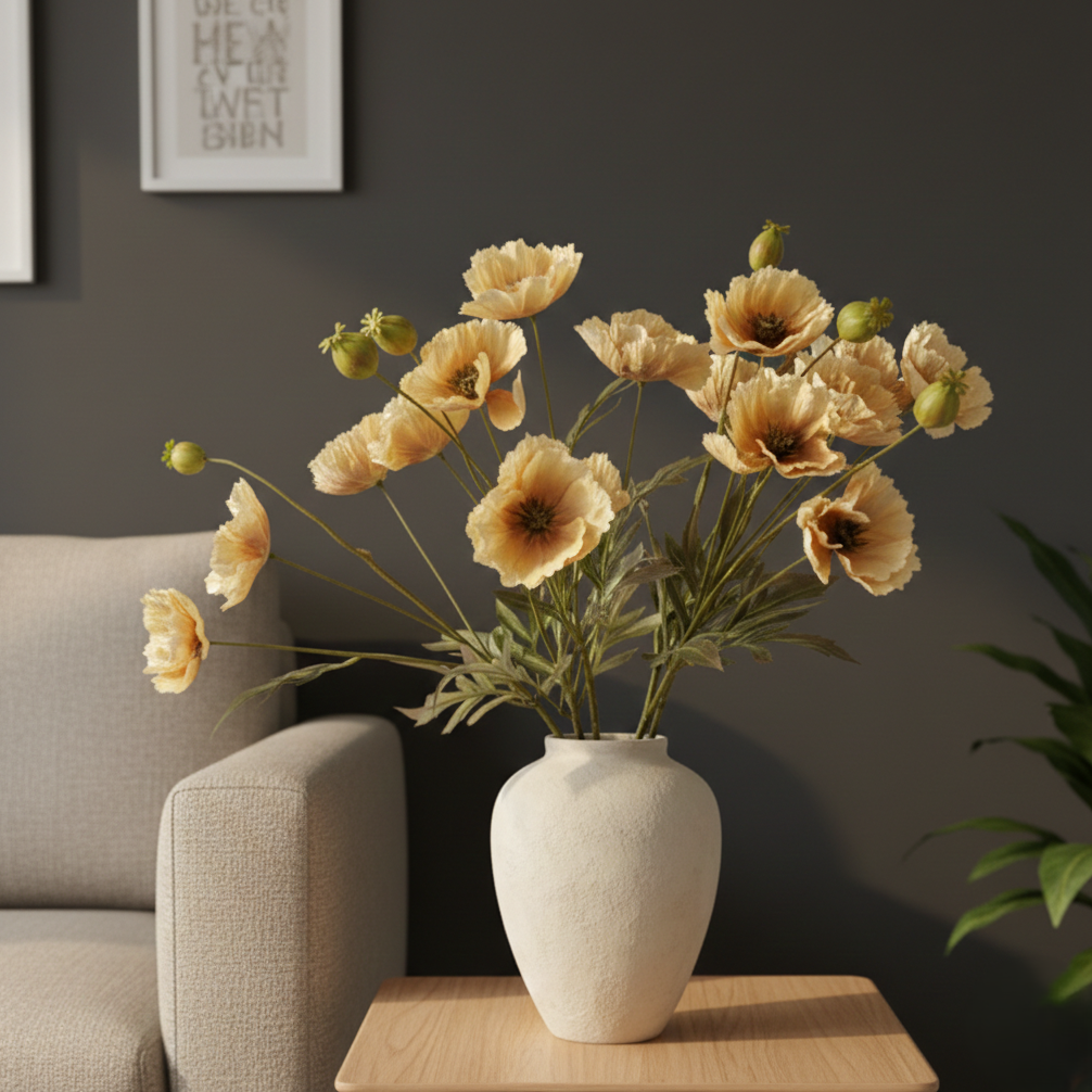 Artificial Yellow Poppy Flower Stems displayed in a white ceramic vase on a side table, perfect for modern living room décor.