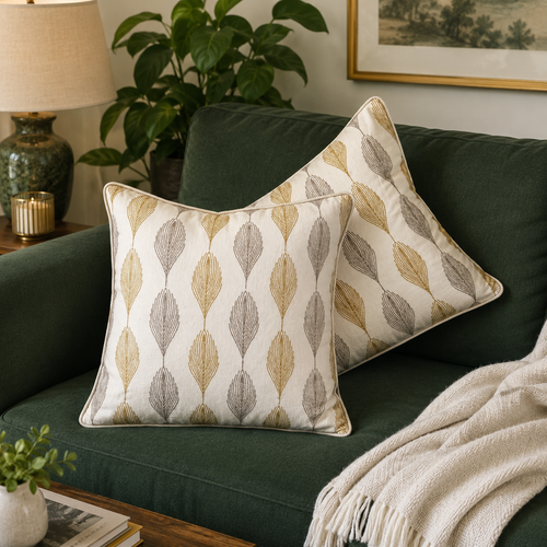 Premium leaf pattern linen cushion covers styled on a dark green sofa in a modern living room, featuring elegant beige and taupe botanical motifs for luxury home décor.