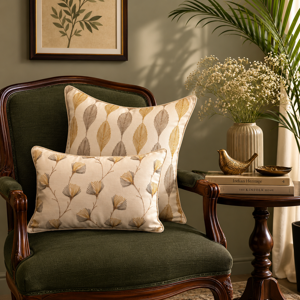 Leaf embroidered linen cushion cover styled on a dark green accent chair with elegant wooden detailing, botanical artwork, fresh greenery, and a beautifully curated luxury living room setting.