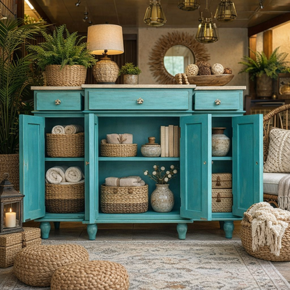 Distressed teal wooden sideboard with open doors styled with woven baskets, rolled towels, ceramic vases, and table lamp in a warm boho-inspired living room setting.