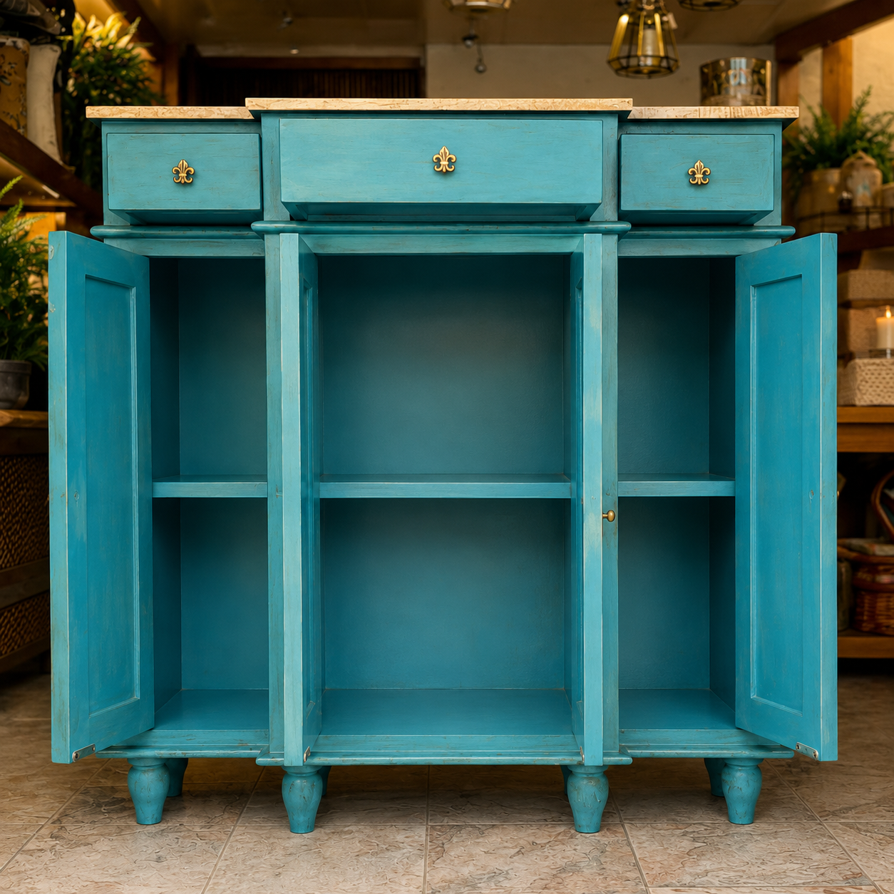 Azure Distressed Wooden Cabinet – alternate angle | INARA