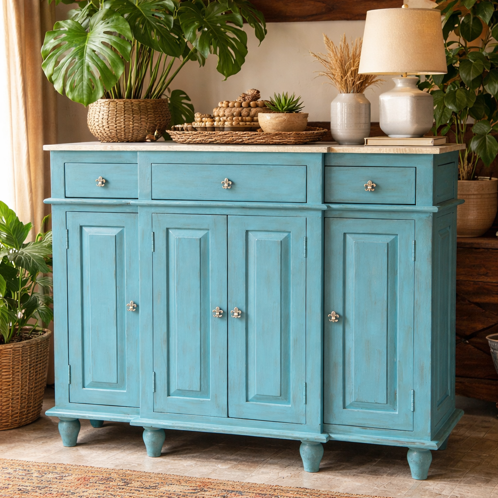 Distressed teal wooden sideboard with closed paneled doors and antique brass knobs, styled with woven tray, table lamp, and lush indoor plants in a warm boho-inspired living room setting.