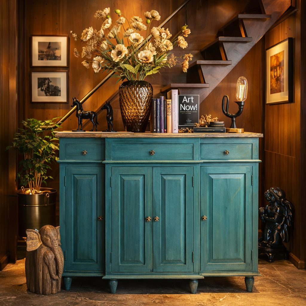 Distressed teal wooden sideboard with antique brass knobs styled in a luxury entryway with amber glass vase of flowers, decorative books, sculptural accents, and warm wood-paneled background.
