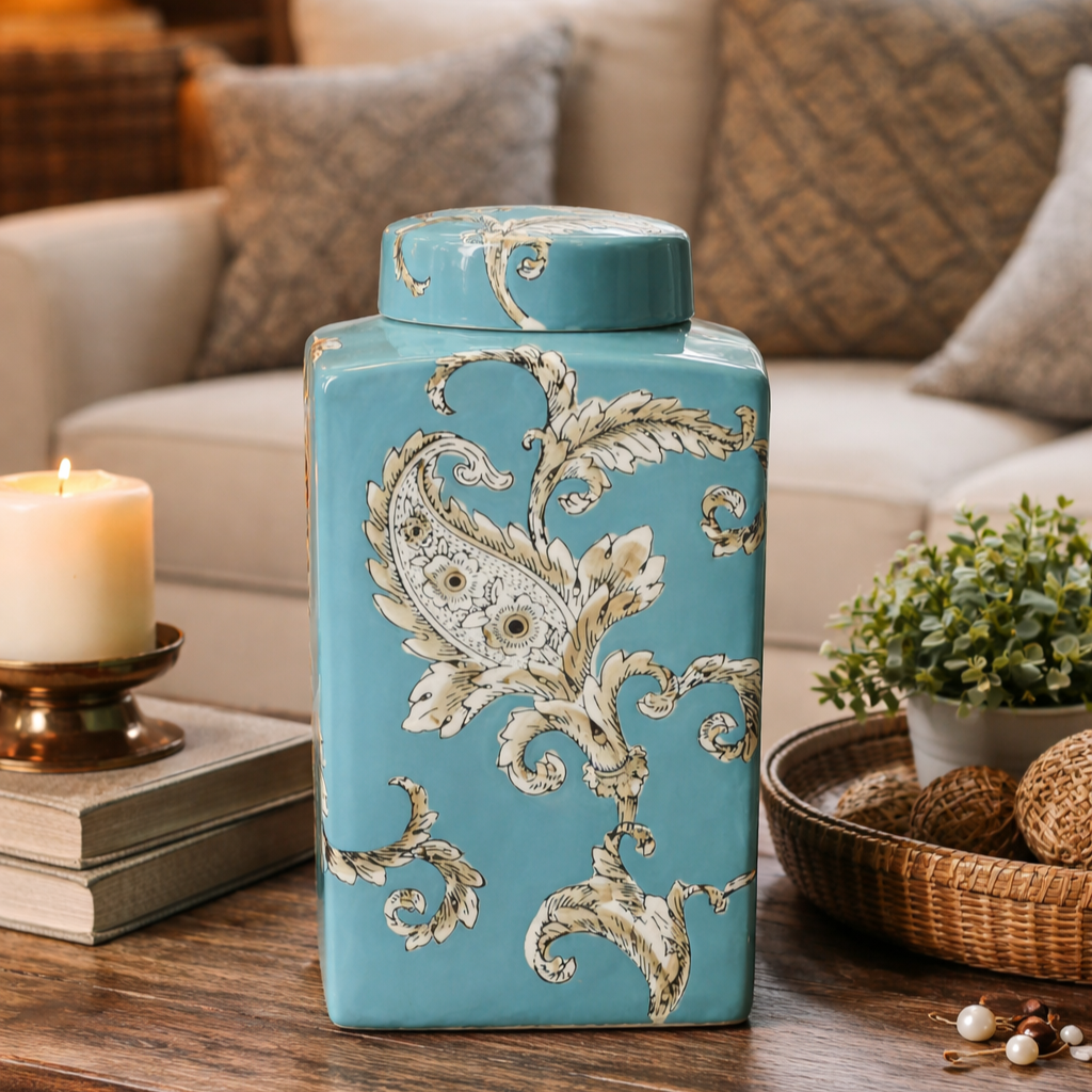 Azure Paisley Luxury Ceramic Ginger Jar with Lid
