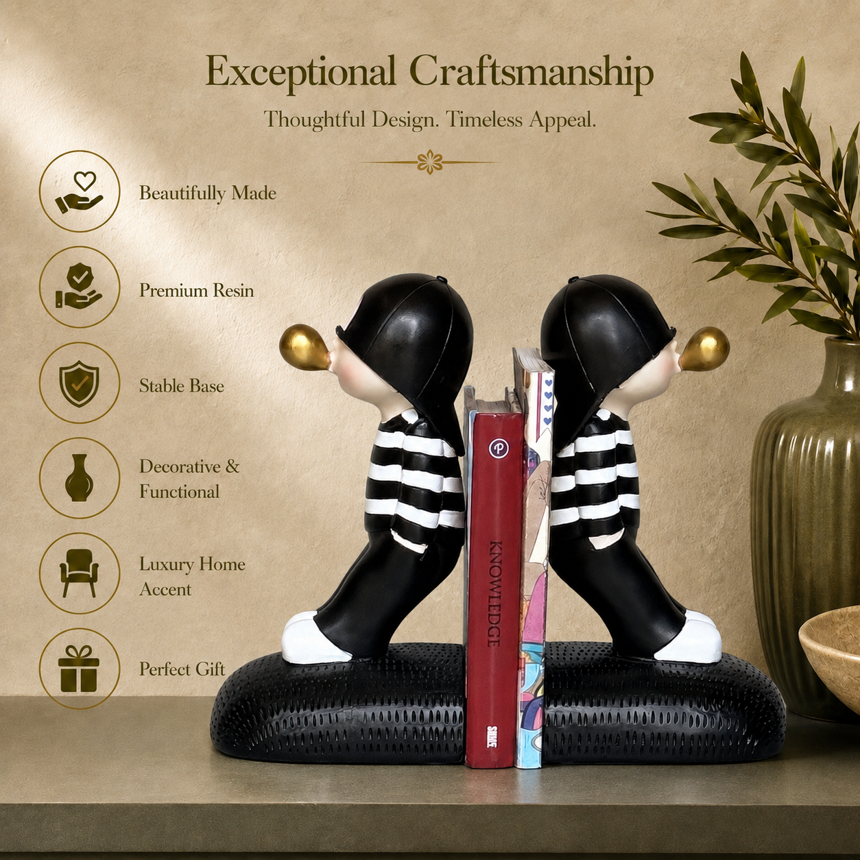 Bookend features: resin material, stable base, gift-ready packagin