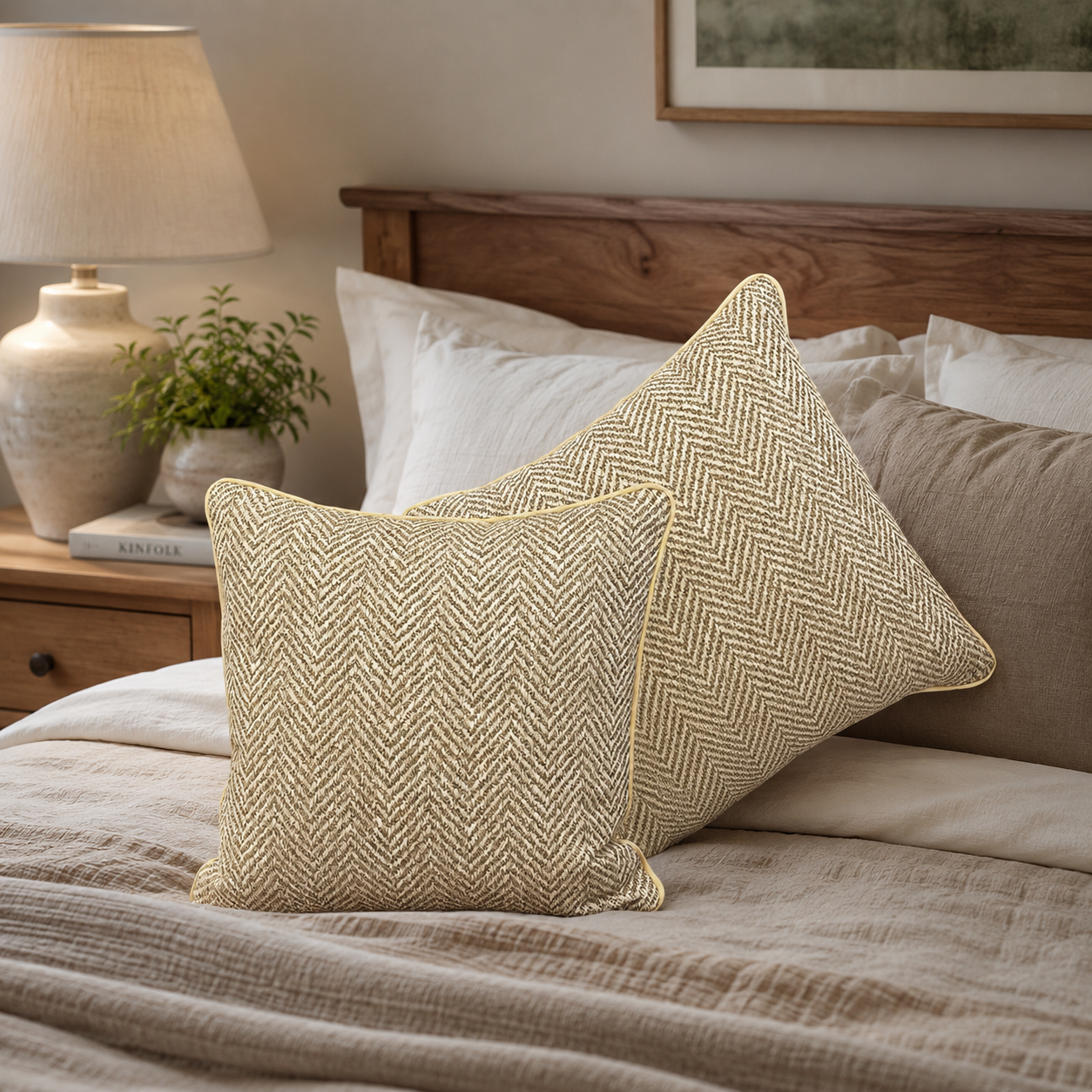Beige herringbone cushion covers styled on a neutral-toned bed in a modern bedroom, showcasing premium textured decorative cushions by Inara Home Decor.