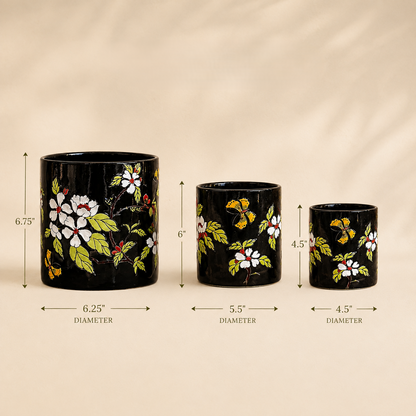 Size guide showing dimensions of the black hand-painted ceramic planter set with three different planter sizes and diameters.