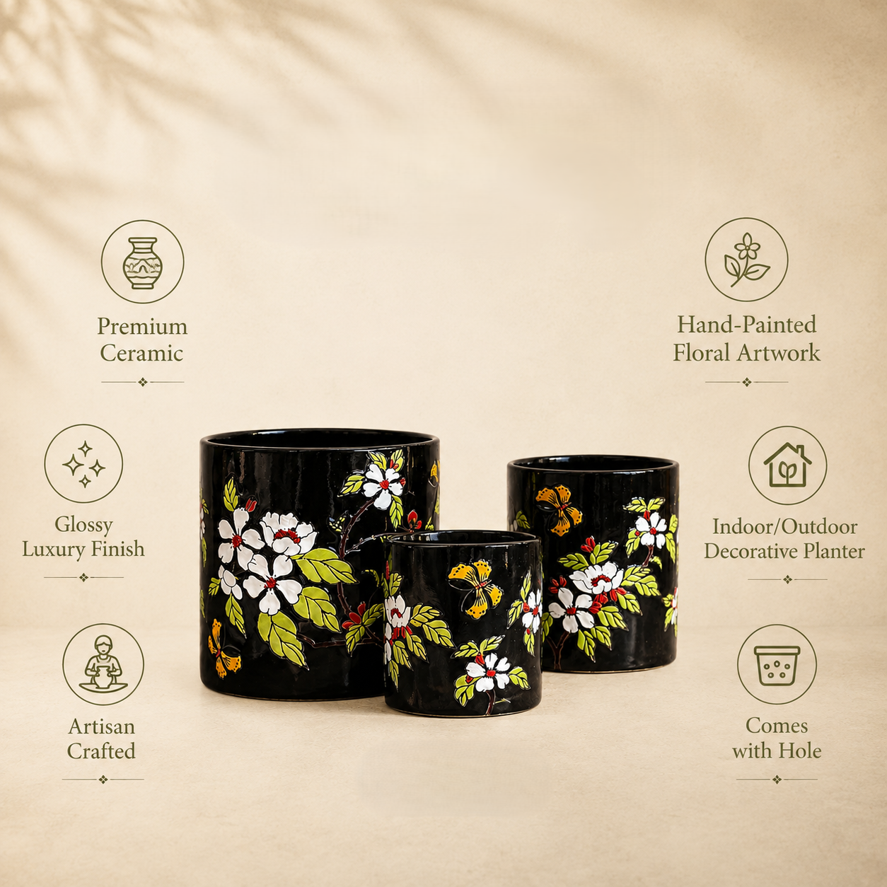 Premium black ceramic planter set with hand-painted floral artwork highlighting glossy finish, artisan craftsmanship, indoor and outdoor use, and drainage hole.