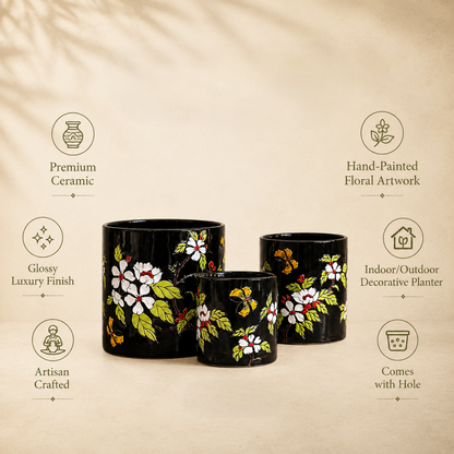 Premium black ceramic planter set with hand-painted floral artwork highlighting glossy finish, artisan craftsmanship, indoor and outdoor use, and drainage hole.