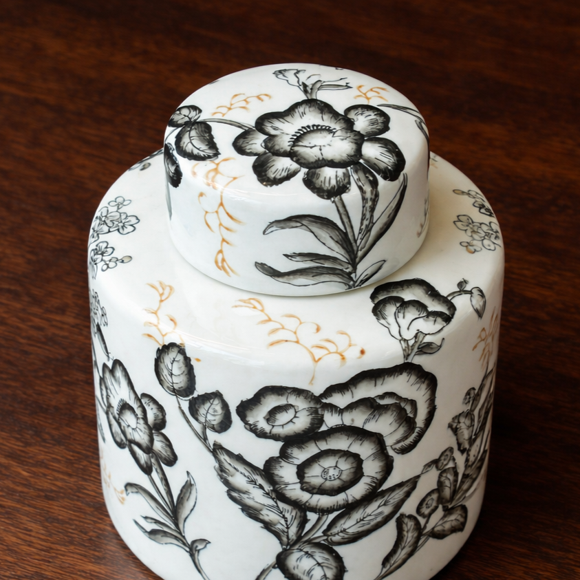 Top view of a black floral hand-painted ceramic ginger jar with gold detailing placed on a dark wooden table, showcasing intricate lid and surface design.