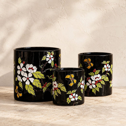 Black Floral Ceramic Planter