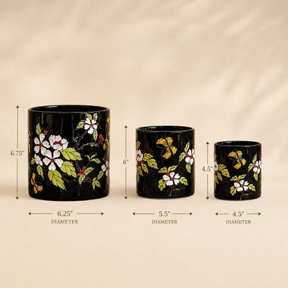Size guide showing dimensions of the black hand-painted ceramic planter set with three different planter sizes and diameters.