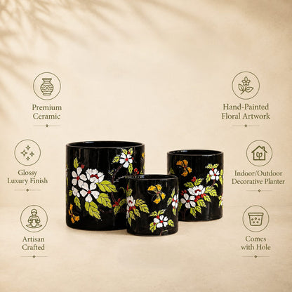 Premium black ceramic planter set with hand-painted floral artwork highlighting glossy finish, artisan craftsmanship, indoor and outdoor use, and drainage hole.