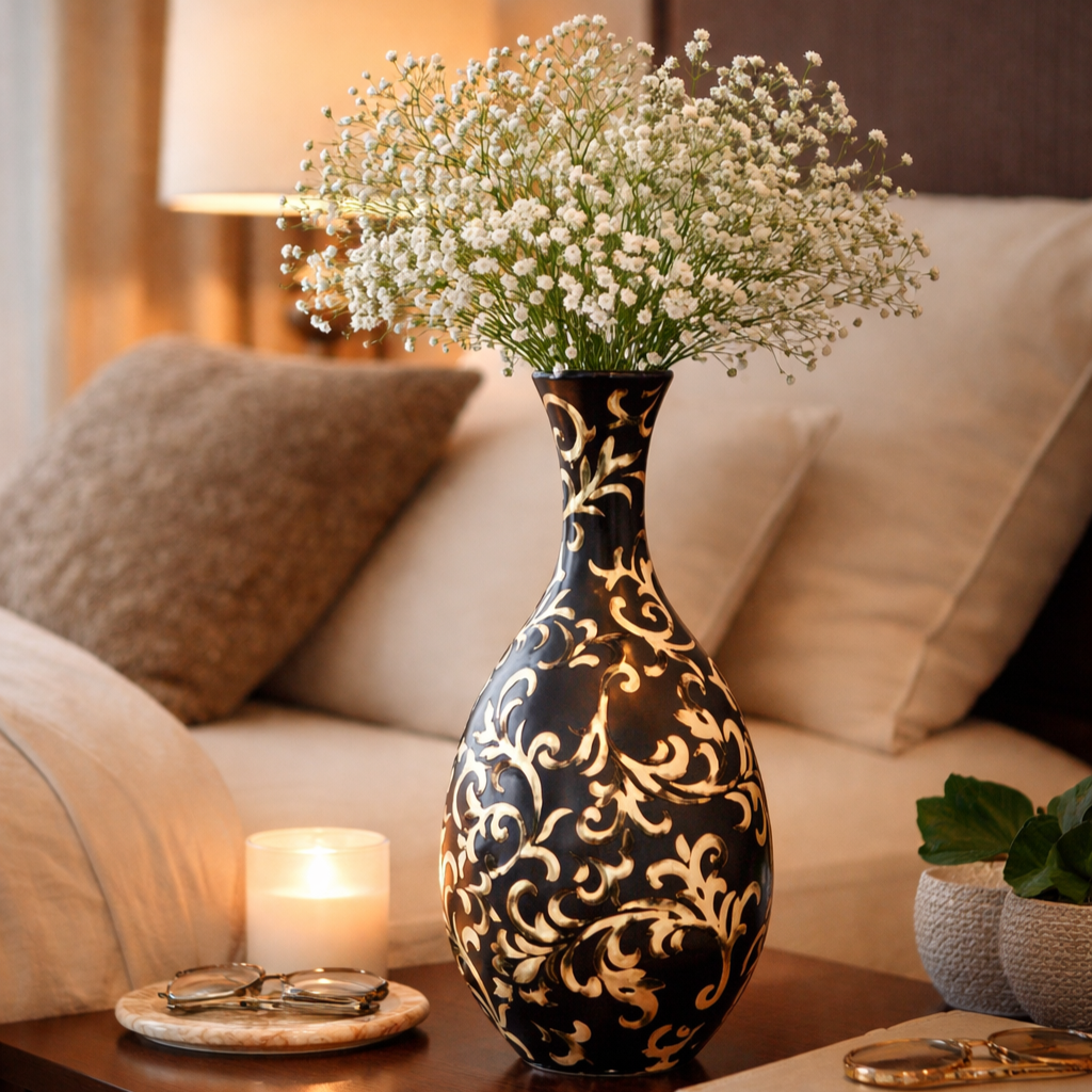 Elegant black and gold hand-painted ceramic vase with intricate floral detailing, styled with fresh baby’s breath flowers on a wooden side table in a cozy living room setting.