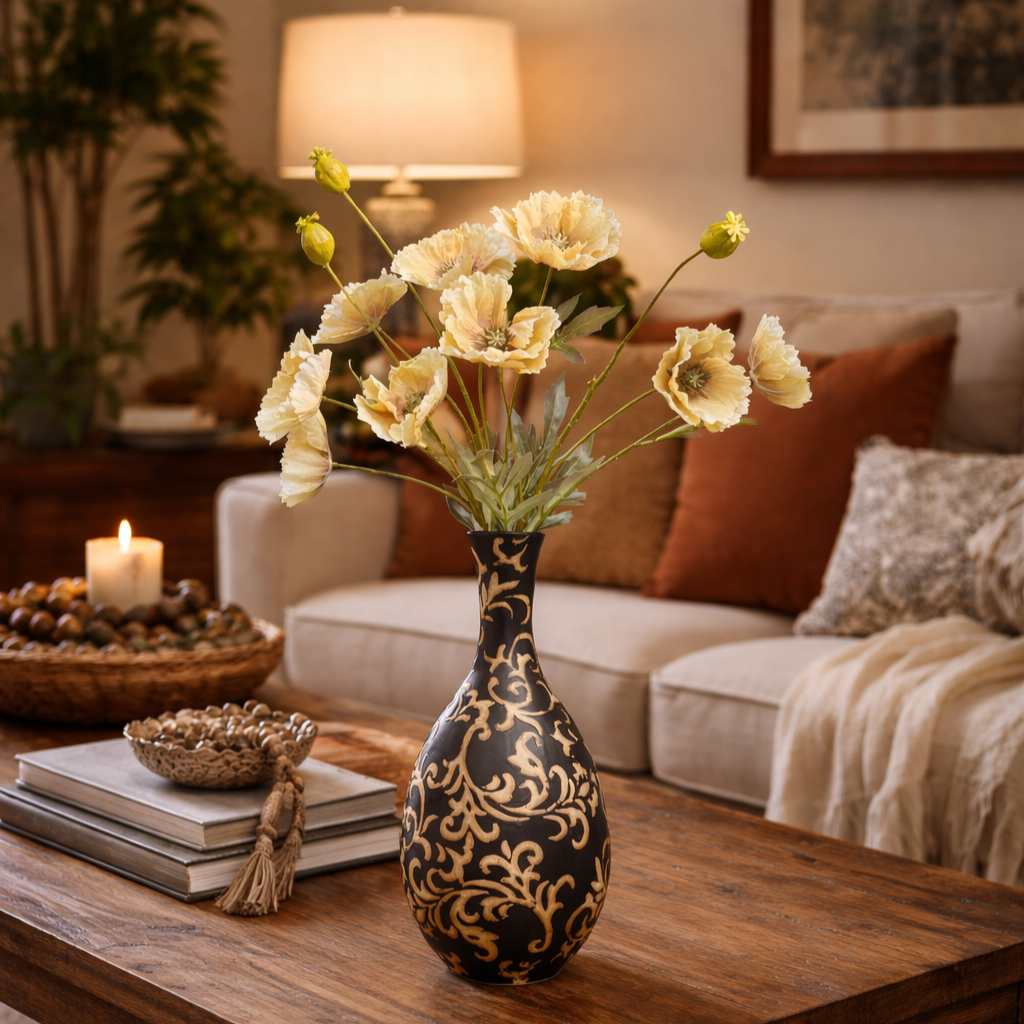 Black and gold hand-painted ceramic vase with intricate floral detailing, styled with soft cream flowers on a wooden coffee table in a warm luxury living room setting.