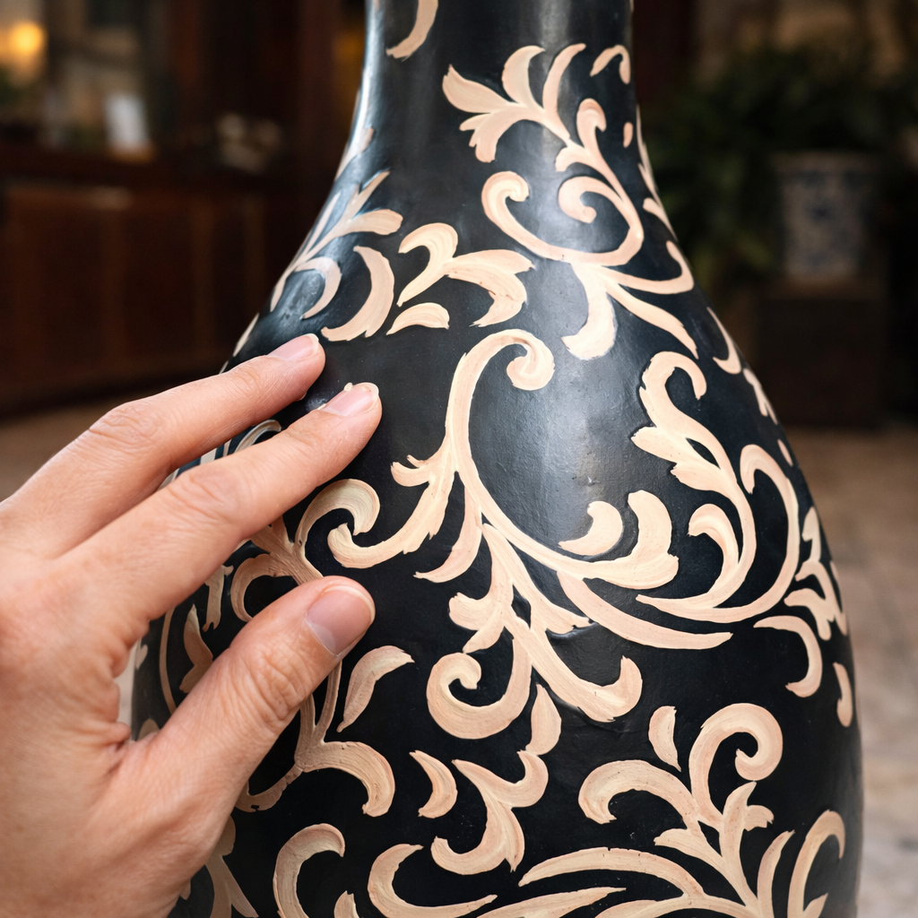 Black and gold hand-painted ceramic vase with intricate floral detailing, styled with soft cream flowers on a wooden coffee table in a warm luxury living room setting.