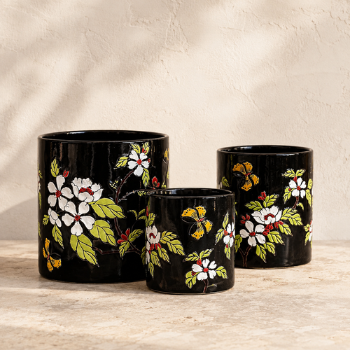 Black Floral Ceramic Planter
