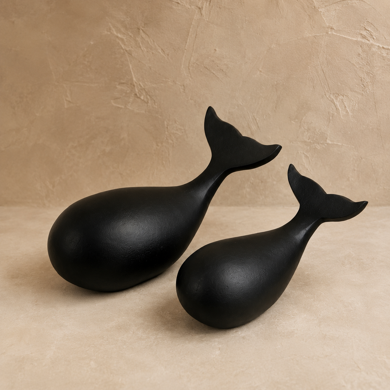 Black matte whale sculpture set featuring large and small minimalist whale figurines for modern home décor.