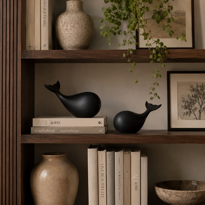 Decorative black whale sculpture set displayed on a wooden bookshelf with books, ceramic vase, and indoor plants.