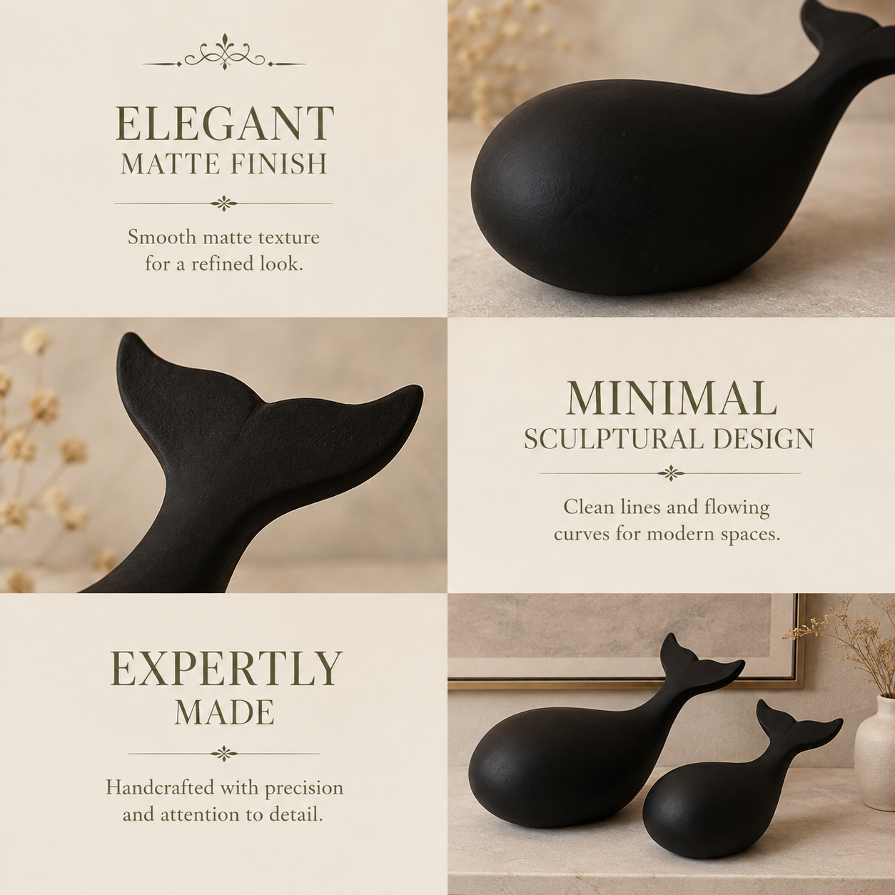 Feature collage highlighting the elegant matte finish, minimalist sculptural design, and handcrafted details of the black whale sculpture set.