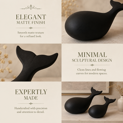 Feature collage highlighting the elegant matte finish, minimalist sculptural design, and handcrafted details of the black whale sculpture set.