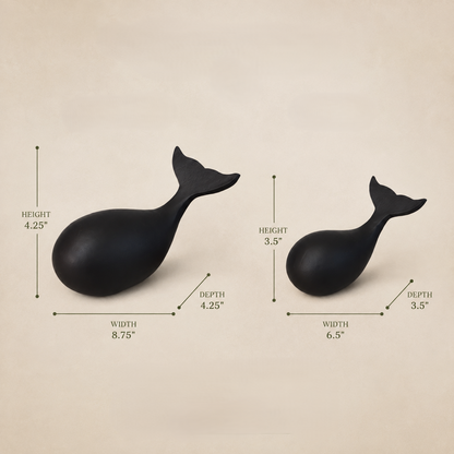 Size guide showing the dimensions of the large and small black whale sculptures for home décor styling.