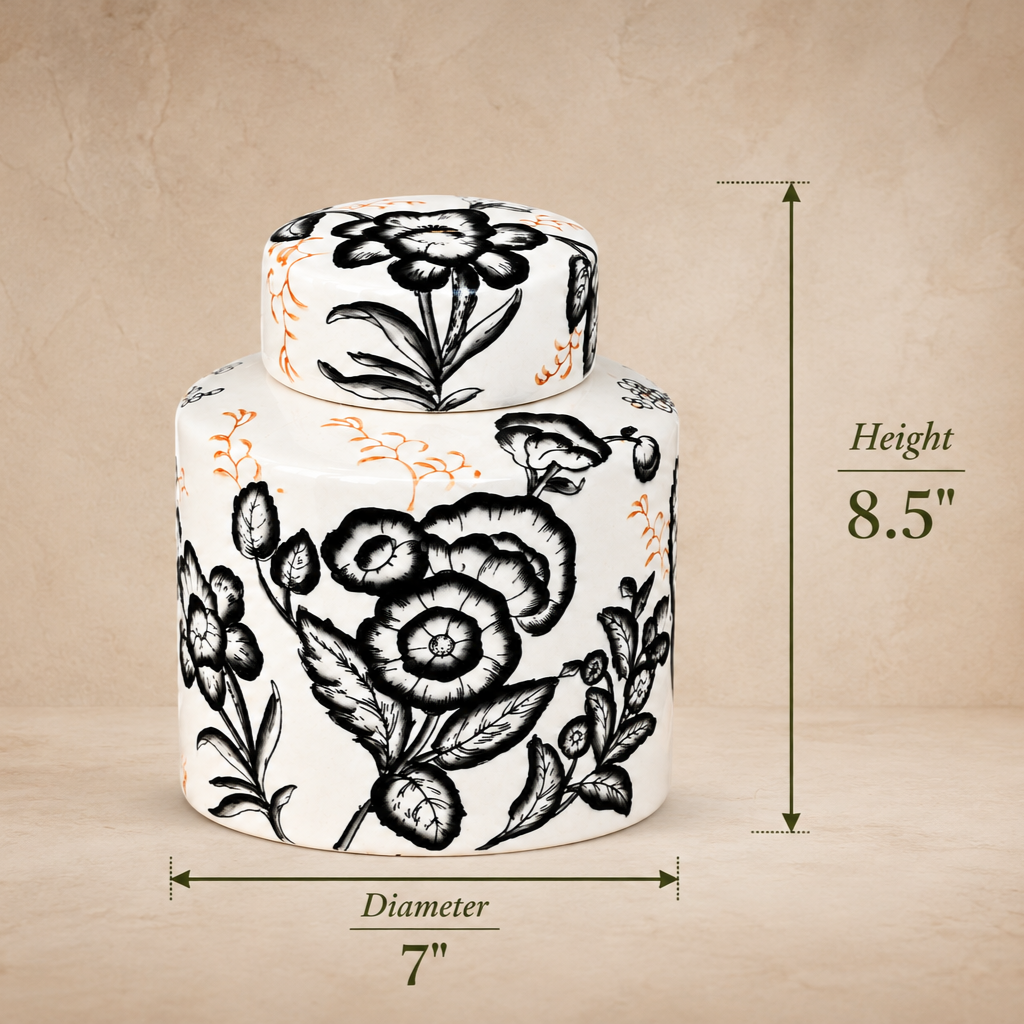 Black and white ceramic ginger jar dimensions showing 8.5-inch height and 7-inch diameter for decorative home styling.