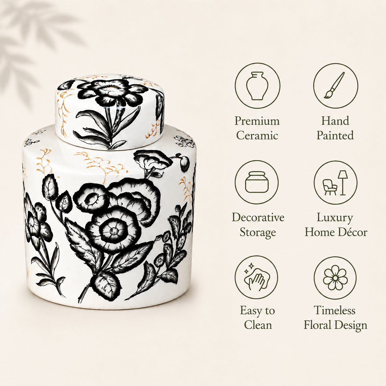 Premium hand-painted ceramic ginger jar featuring decorative storage, timeless floral design, luxury home décor, and easy-to-clean finish.