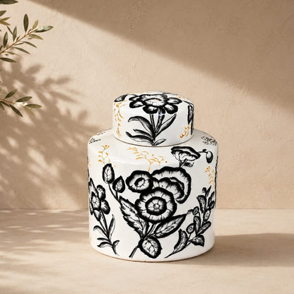 Premium black and white floral ceramic ginger jar with hand-painted botanical design for luxury home décor and decorative storage.