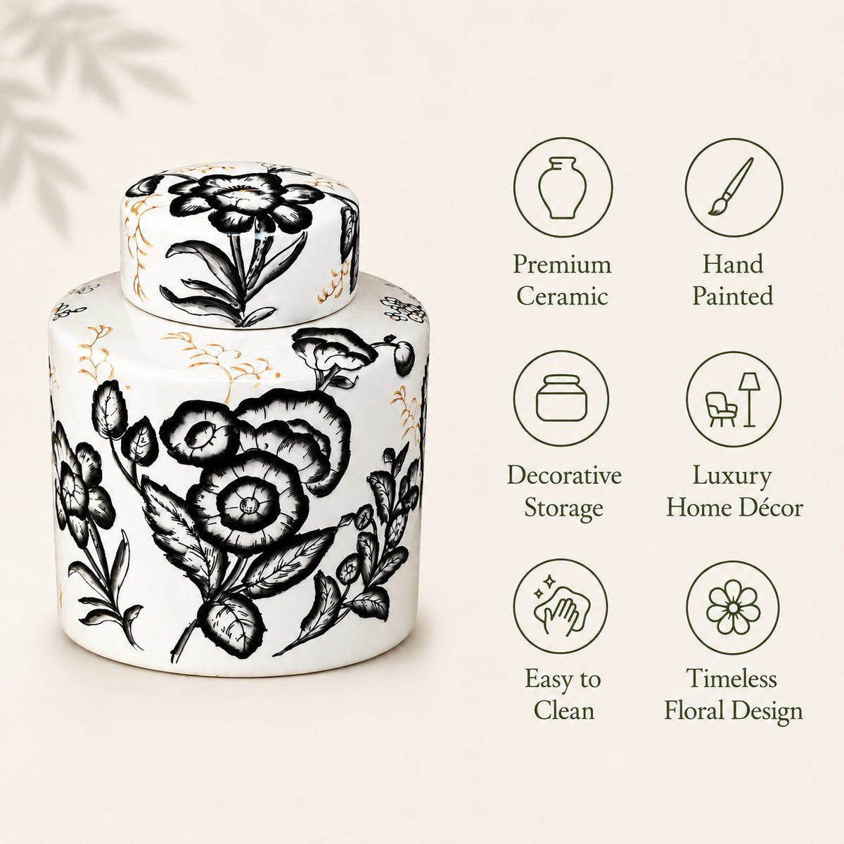 Premium hand-painted ceramic ginger jar featuring decorative storage, timeless floral design, luxury home décor, and easy-to-clean finish.