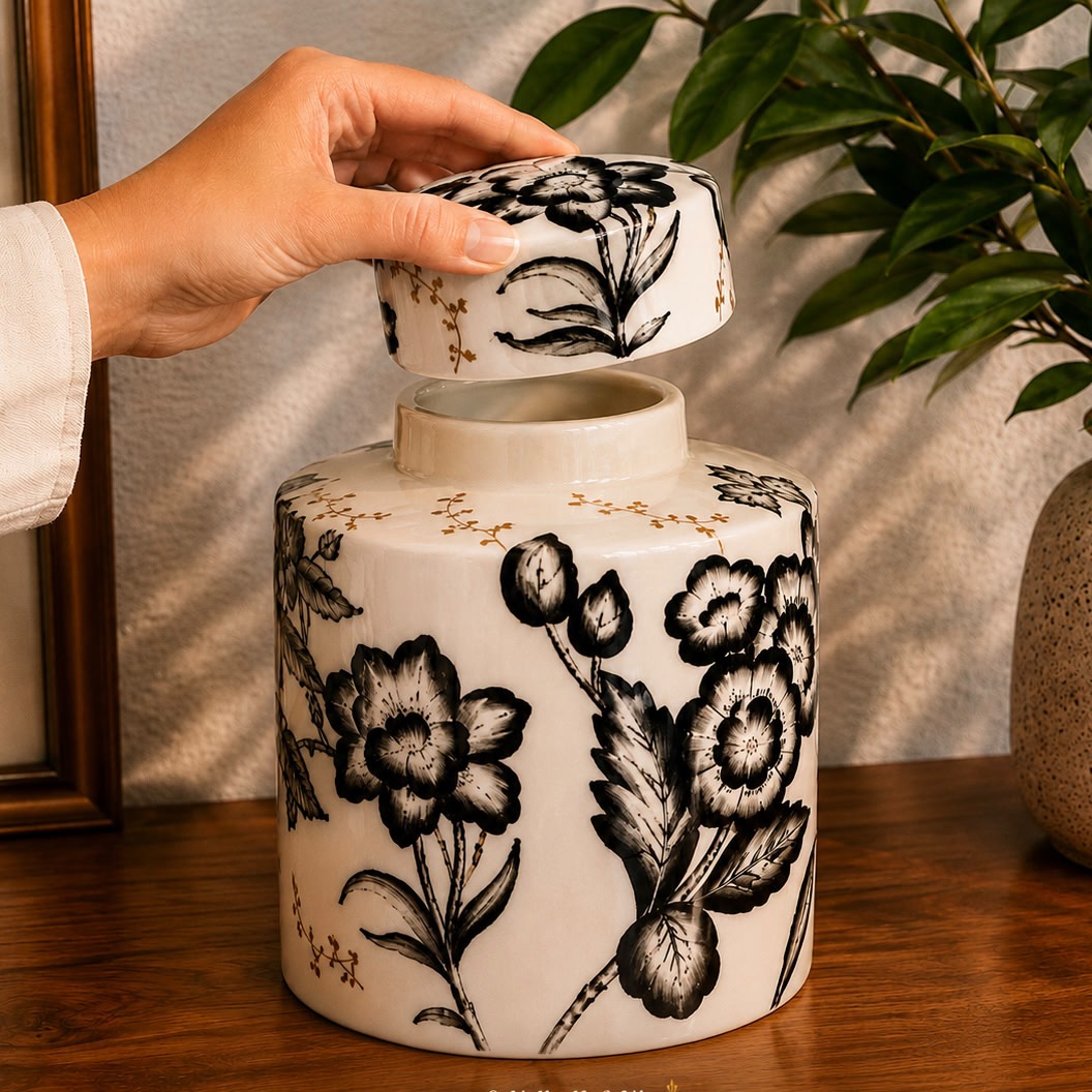 Black and white hand-painted ceramic ginger jar with removable lid, decorative floral storage jar for luxury home décor by Inara Home Decor.