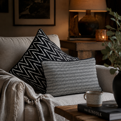 Black and white designer cushion covers styled on a beige armchair in a modern living room, featuring geometric patterns and premium decorative accents by Inara Home Decor.