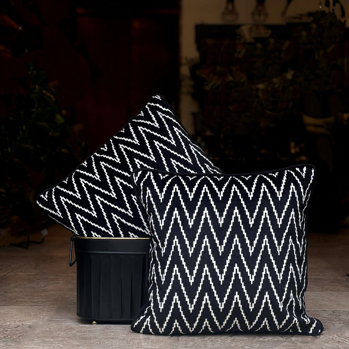 Black And White Velvet Cushion Cover 16 x 16 – styled display view | INARA