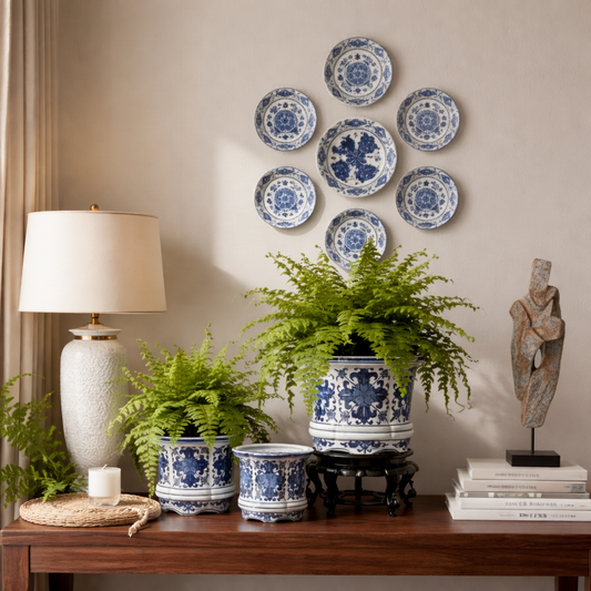 Blue and white ceramic planters with lush green fern plants styled on a wooden console table, paired with decorative wall plates and home decor accents in a bright living room setting.