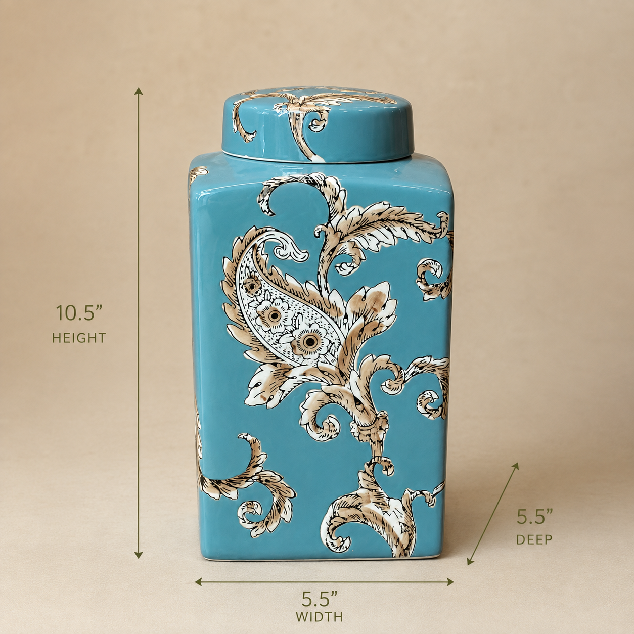 Size guide showing the dimensions of the blue ceramic decorative storage jar measuring 10.5 inches high and 5.5 inches wide and deep.