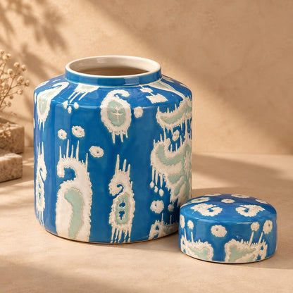 Premium blue ceramic decorative jar with removable lid, handcrafted glazed finish for elegant home décor.