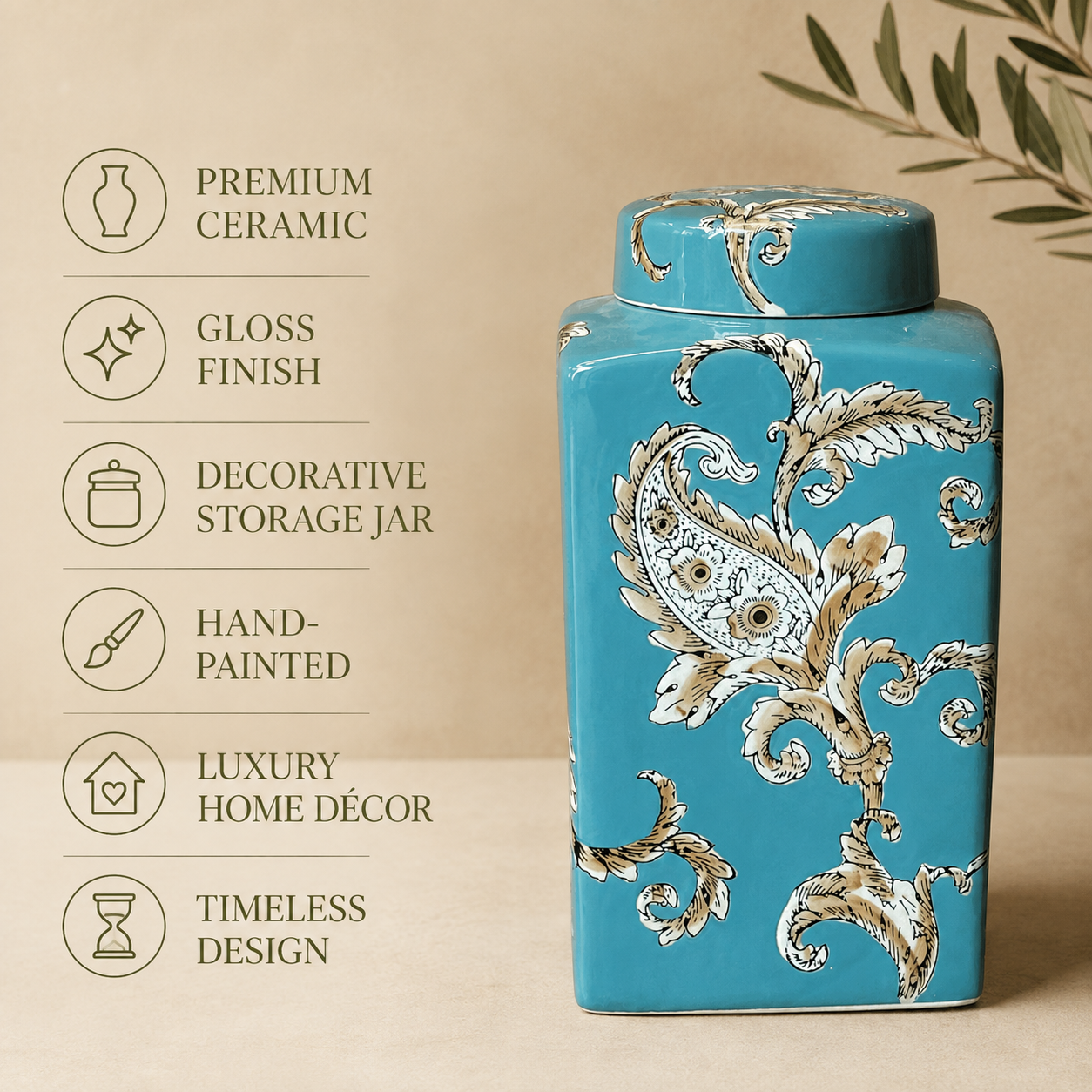 Premium blue ceramic decorative storage jar featuring glossy finish, hand-painted design, timeless style and luxury home décor appeal.