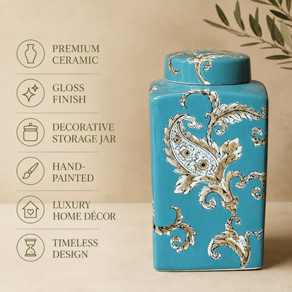 Premium blue ceramic decorative storage jar featuring glossy finish, hand-painted design, timeless style and luxury home décor appeal.