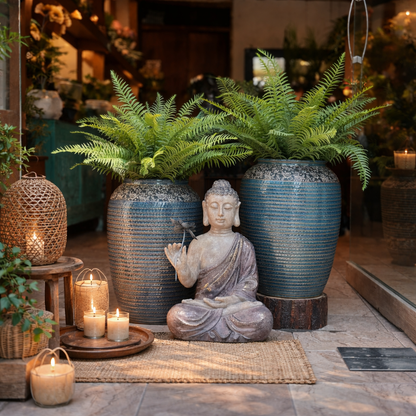 Blue striped ceramic planters with lush Boston fern plants styled with a Buddha statue and candles in a peaceful garden décor setting.