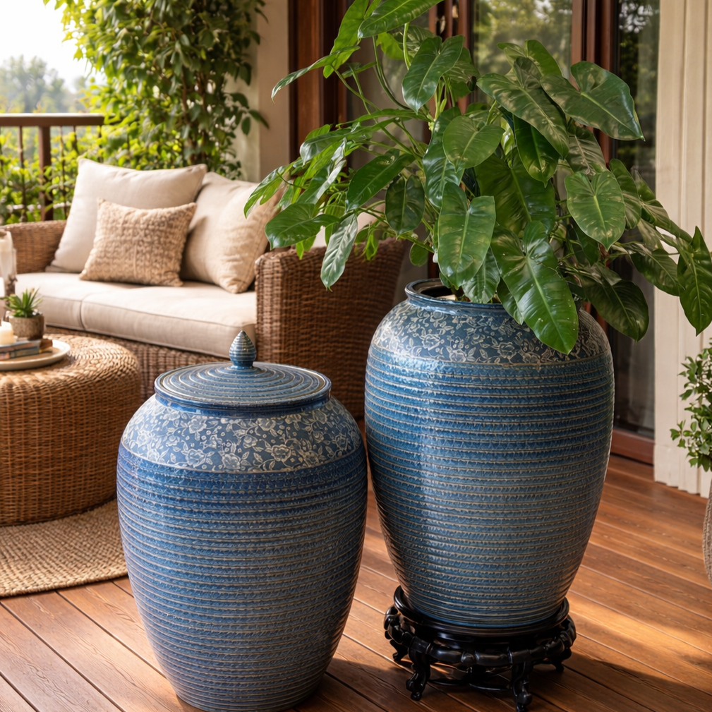Two large blue ceramic jars used as elegant patio decor, one acting as a planter for a lush green leafy plant on a sunlit wooden deck.