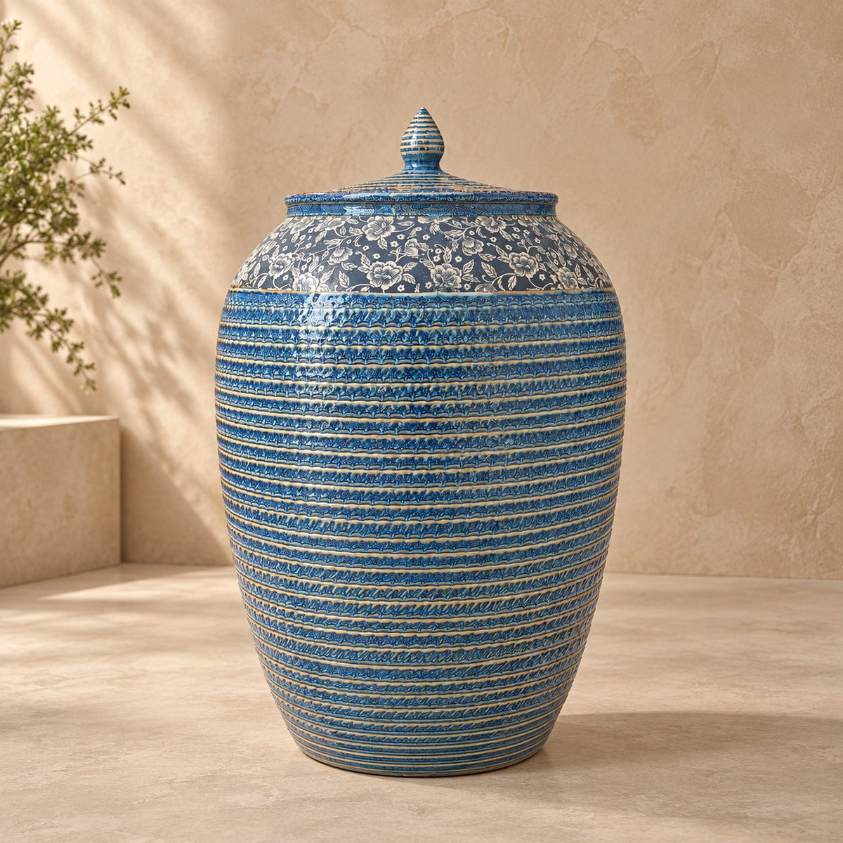 Luxury handcrafted blue floral ceramic decorative storage jar with lid for elegant home décor and stylish storage.