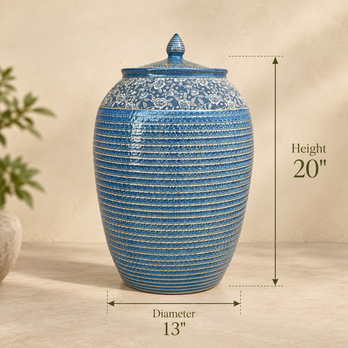 Dimensions infographic of the blue floral ceramic decorative storage jar measuring 20 inches in height and 13 inches in diameter.