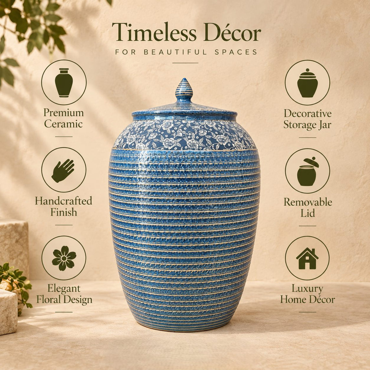 Premium features infographic of a handcrafted blue floral ceramic decorative storage jar with removable lid and elegant floral design.