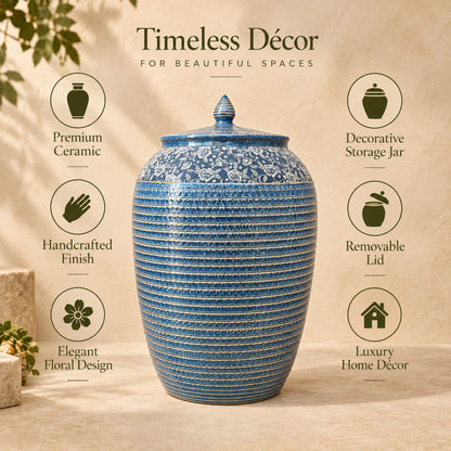 Premium features infographic of a handcrafted blue floral ceramic decorative storage jar with removable lid and elegant floral design.