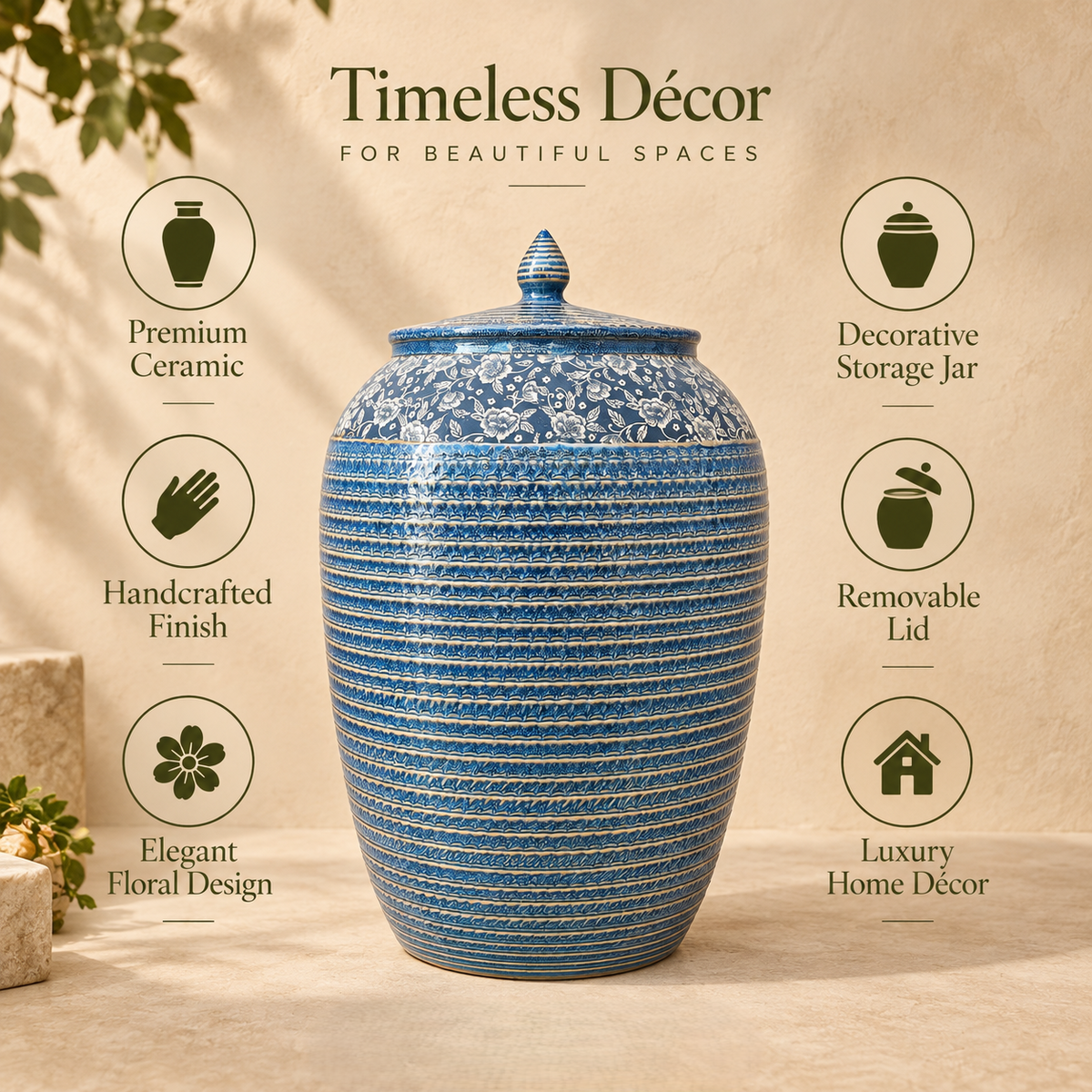 Premium features infographic of a handcrafted blue floral ceramic decorative storage jar with removable lid and elegant floral design.