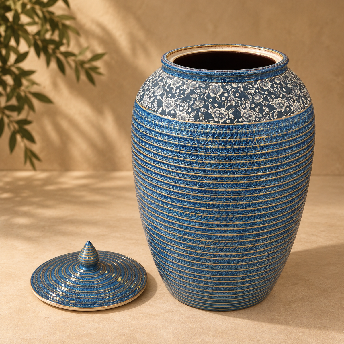 Blue floral ceramic decorative storage jar with removable lid placed beside the jar, highlighting its spacious interior and handcrafted design.