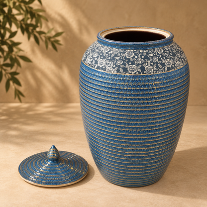 Blue floral ceramic decorative storage jar with removable lid placed beside the jar, highlighting its spacious interior and handcrafted design.