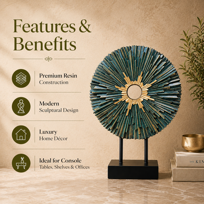 Blue and gold modern resin decorative sculpture on a stand with premium features infographic, showcasing luxury home décor for console tables, shelves, and office styling.